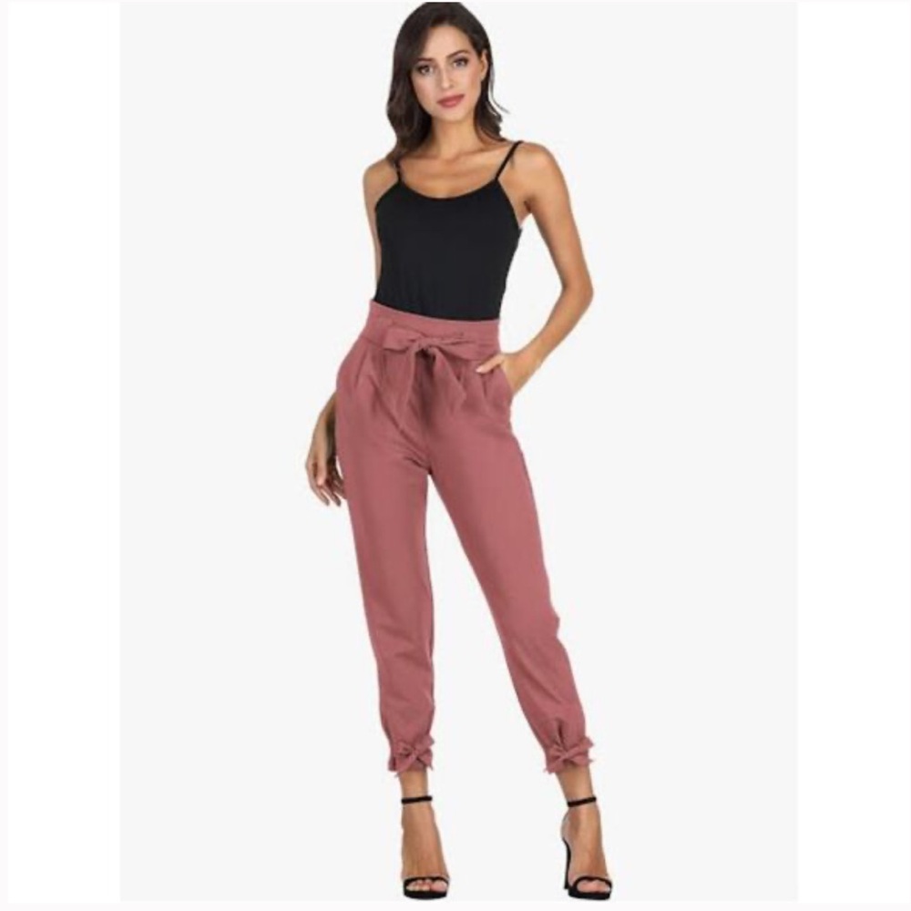 Grace Karin NWT Mauve High Waisted Belted Tie Ankle Pants